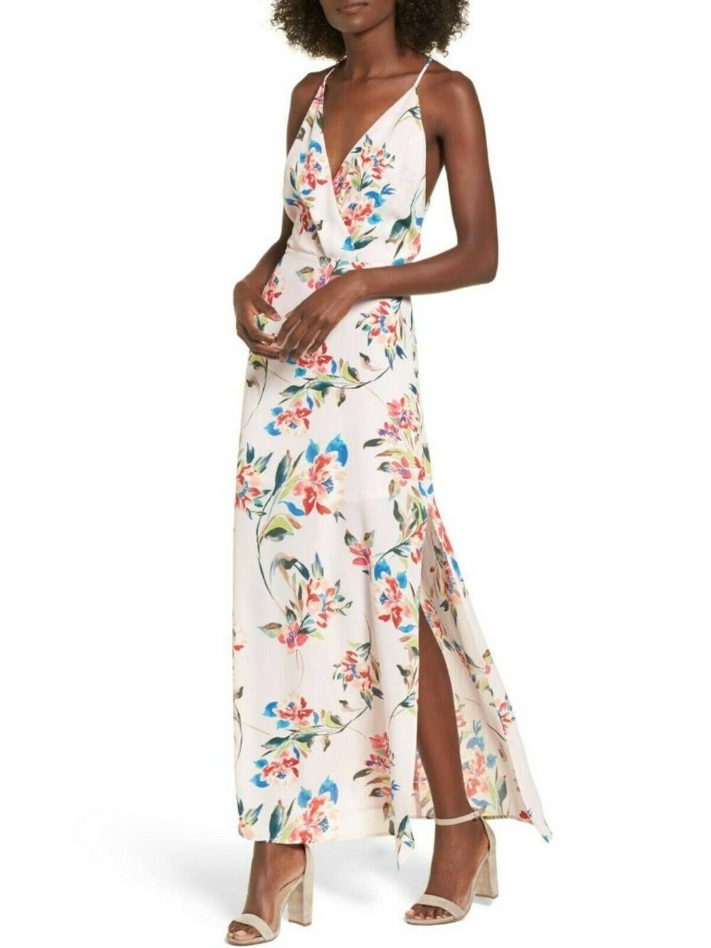 Lush Womens Pink Floral High Thigh Slit Surplice Maxi Dress Size XS  RU